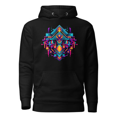 Een zwart unisex premium hoodie met een geometrische afbeelding, vooraanzicht, met wit achtergrond