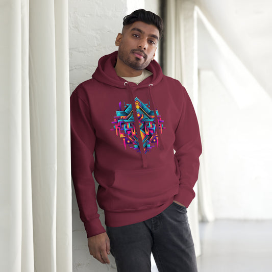 Een kastanjebruine unisex premium hoodie met een geometrische afbeelding, gedragen door een man, vooraanzicht, met een gordijn als achtergrond