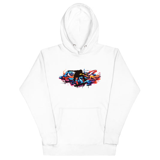 Skateboard Afbeelding Unisex witte Premium Hoodie met Capuchon op Witte Achtergrond, mouwen een beetje naar binnen op gevouwen