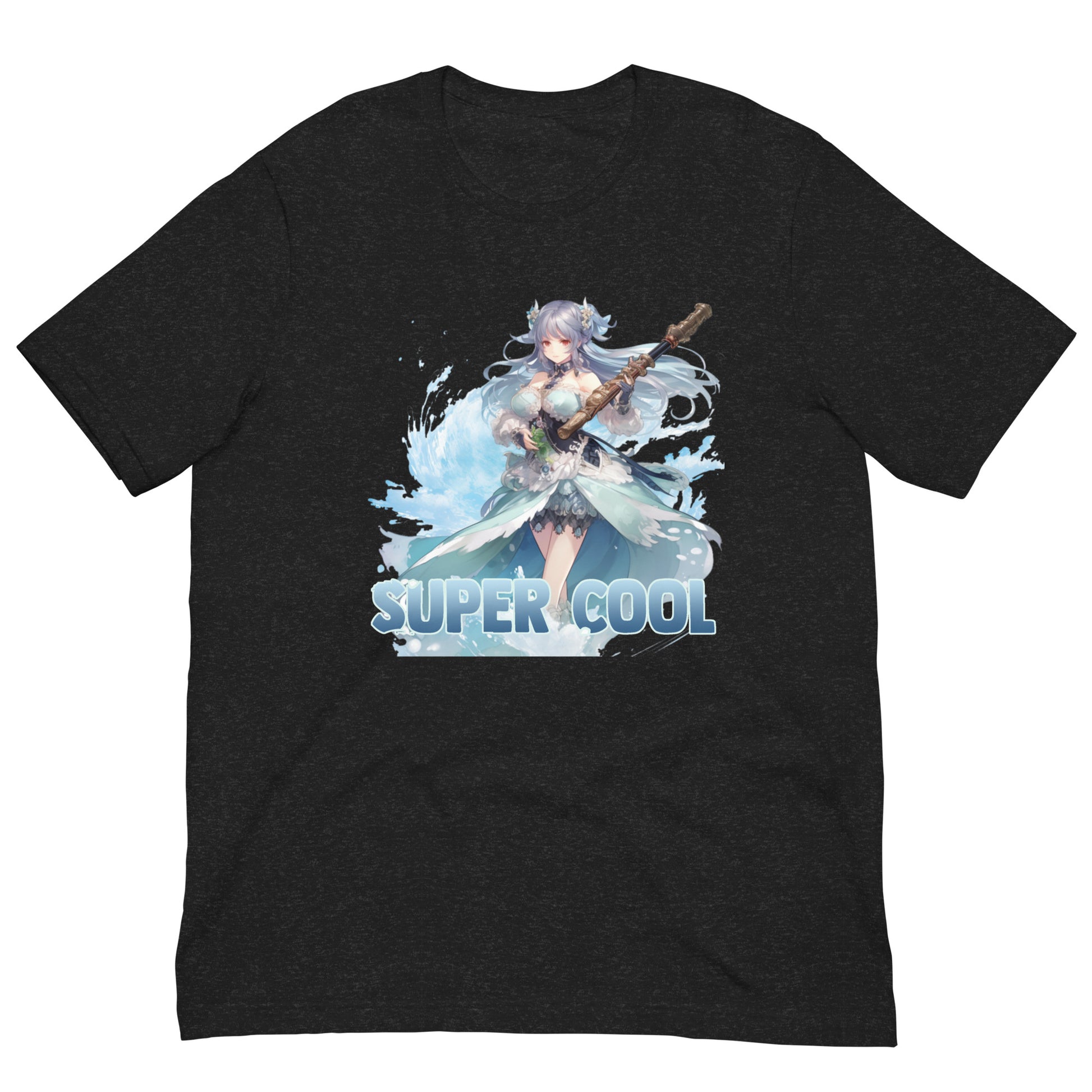 Een zwart gemeleerd unisex T-shirt met afbeelding van Super Cool manga meisje, vooraanzicht, wit achtergrond