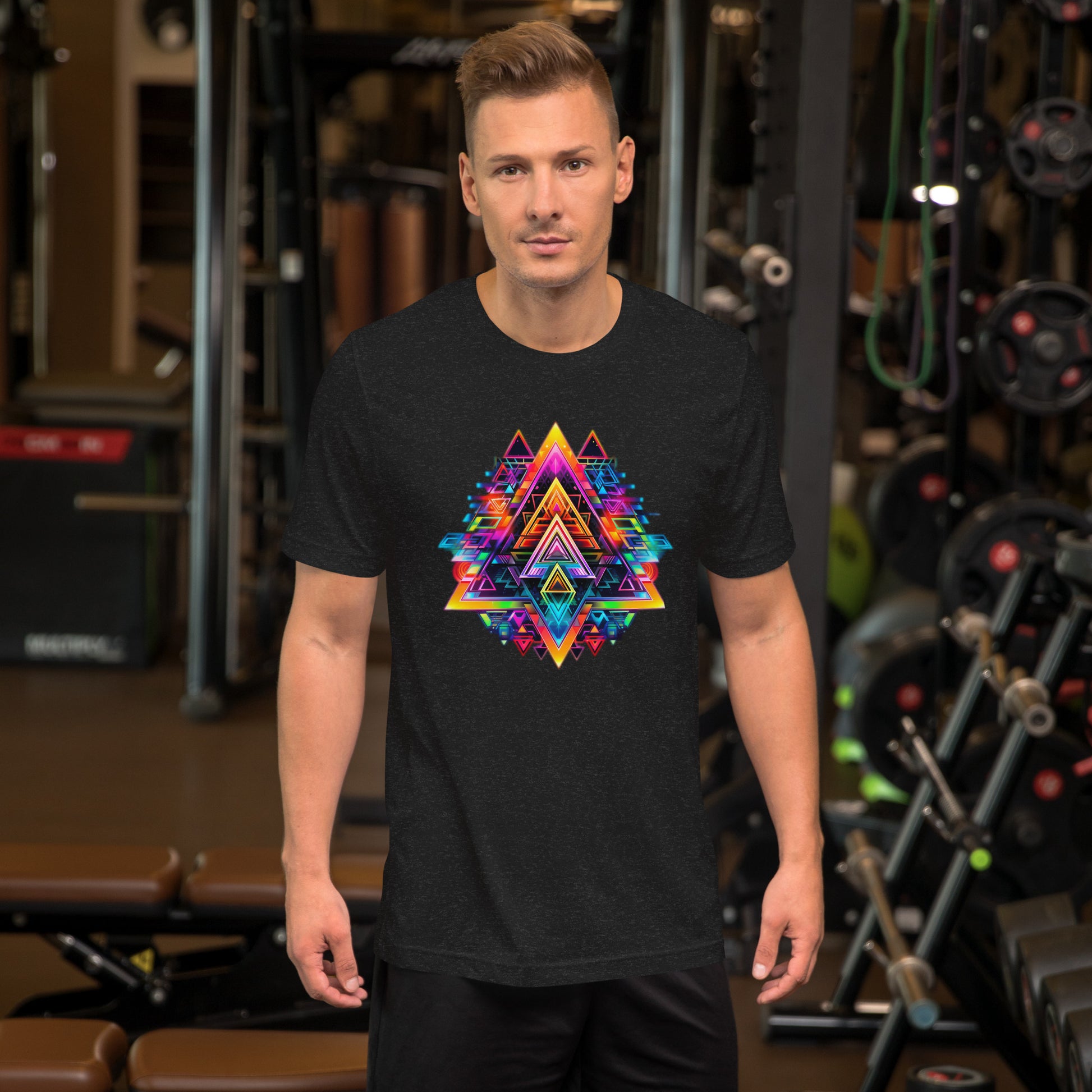  Een zwart gemeleerd unisex T-shirt met een grafisch geometrisch ontwerp op de voorkant, gedragen door een man met een sportachtergrond