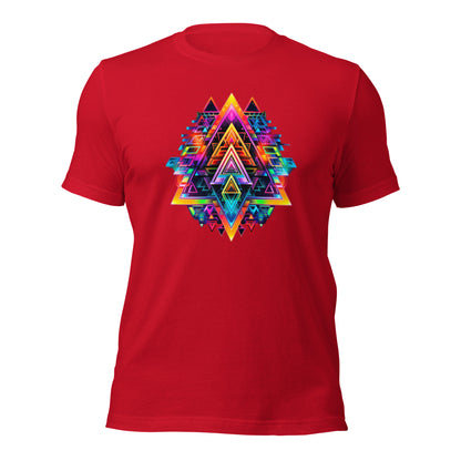 Een Unisex  rood T-shirt met een afbeelding van Grafische Geometrie, voorkant, wit achtergrond