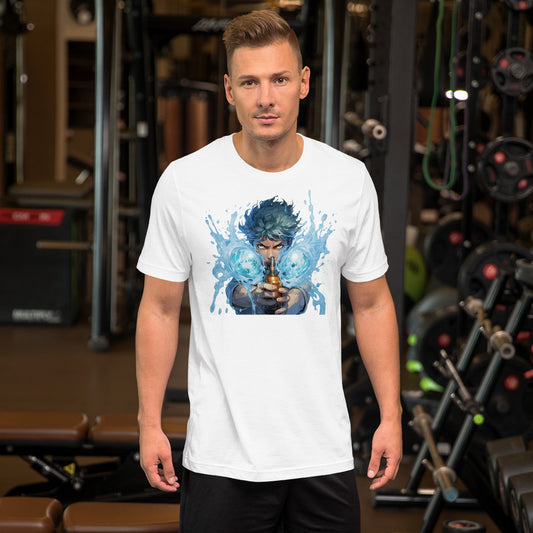 Een unisex wit T-shirt met een anime-man die een waterpistool vasthoudt, met een sportzaal op de achtergrond, vooraanzich