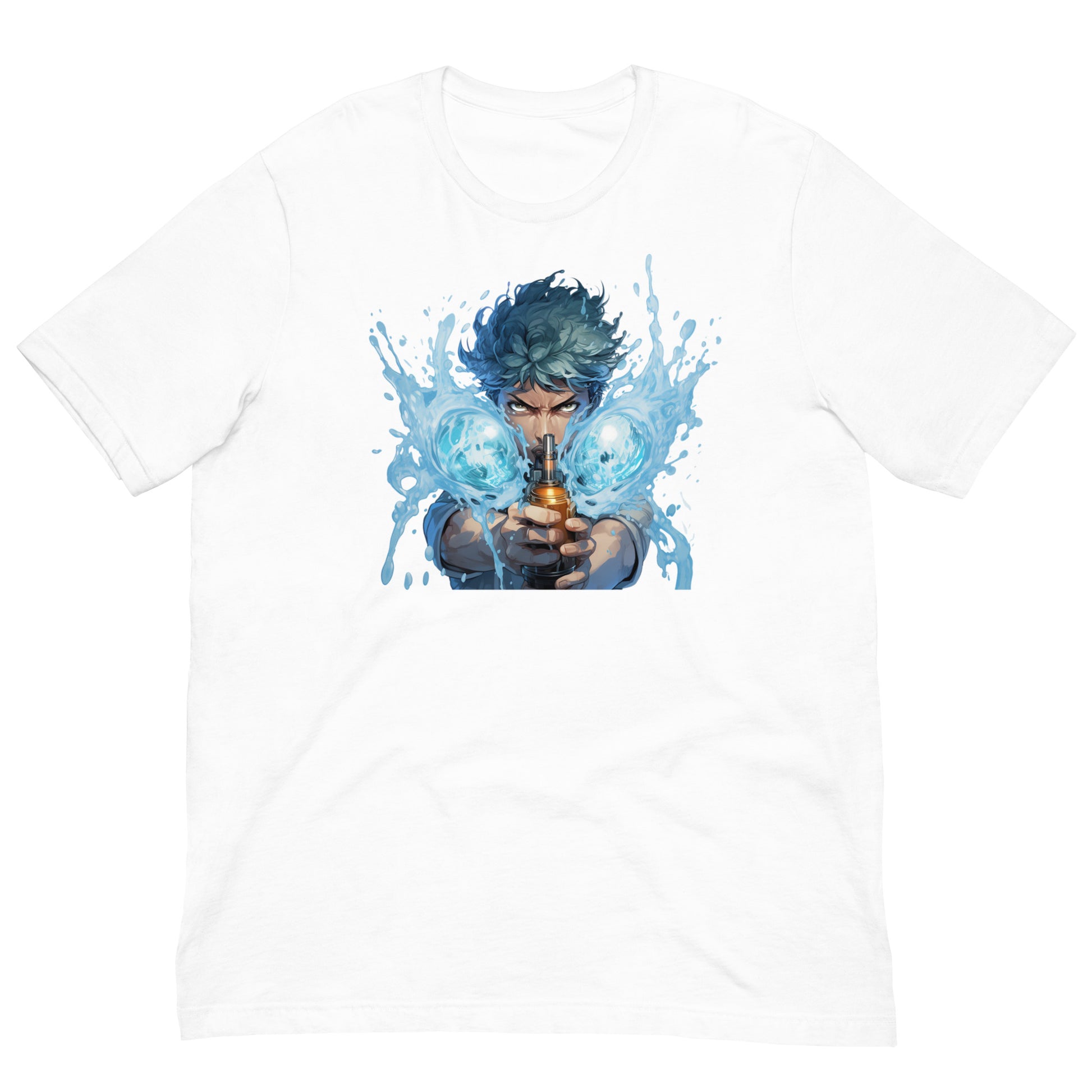 Een unisex wit T-shirt met een anime-man die een waterpistool vasthoudt, op een witte achtergrond,  vooraanzicht