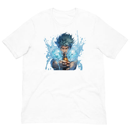 Een unisex wit T-shirt met een anime-man die een waterpistool vasthoudt, op een witte achtergrond,  vooraanzicht