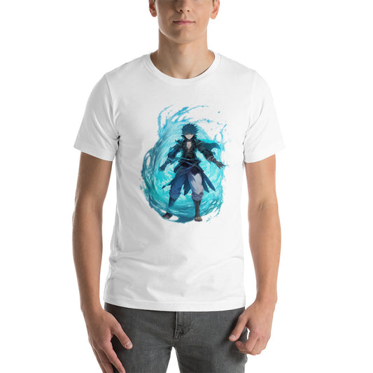 Een unisex wit T-shirt met een afbeelding van een  japanse anime man met een coriolis effect van het water uitkomend, tegen een witte achtergrond, man, aan de voorkant