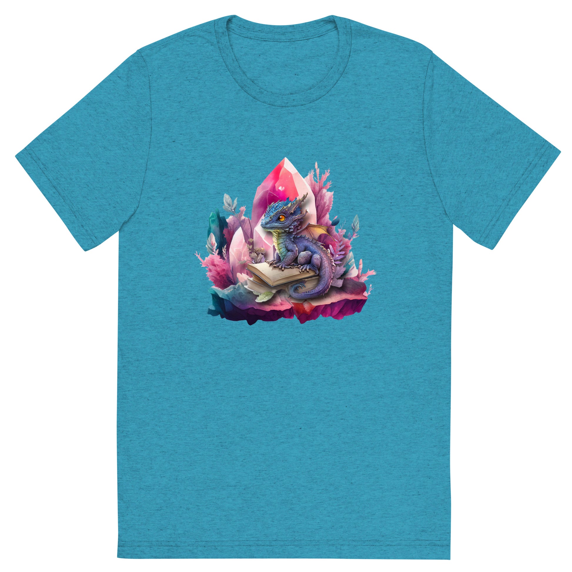 Een aqua triblend unisex T-shirt met een afbeelding van een kleine draak en een magisch boek, op een witte achtergrond